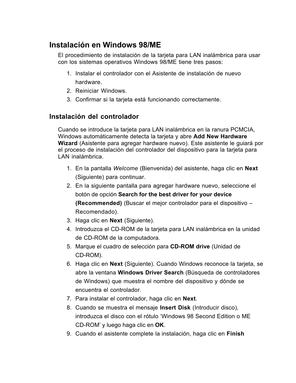 Instalación en windows 98/me | SanDisk Wireless LAN Card User Manual | Page 358 / 504