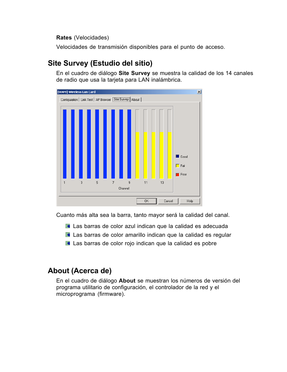 Site survey (estudio del sitio), About (acerca de) | SanDisk Wireless LAN Card User Manual | Page 378 / 504