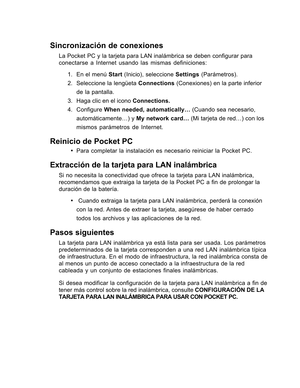 Sincronización de conexiones, Reinicio de pocket pc, Extracción de la tarjeta para lan inalámbrica | Pasos siguientes | SanDisk Wireless LAN Card User Manual | Page 398 / 504