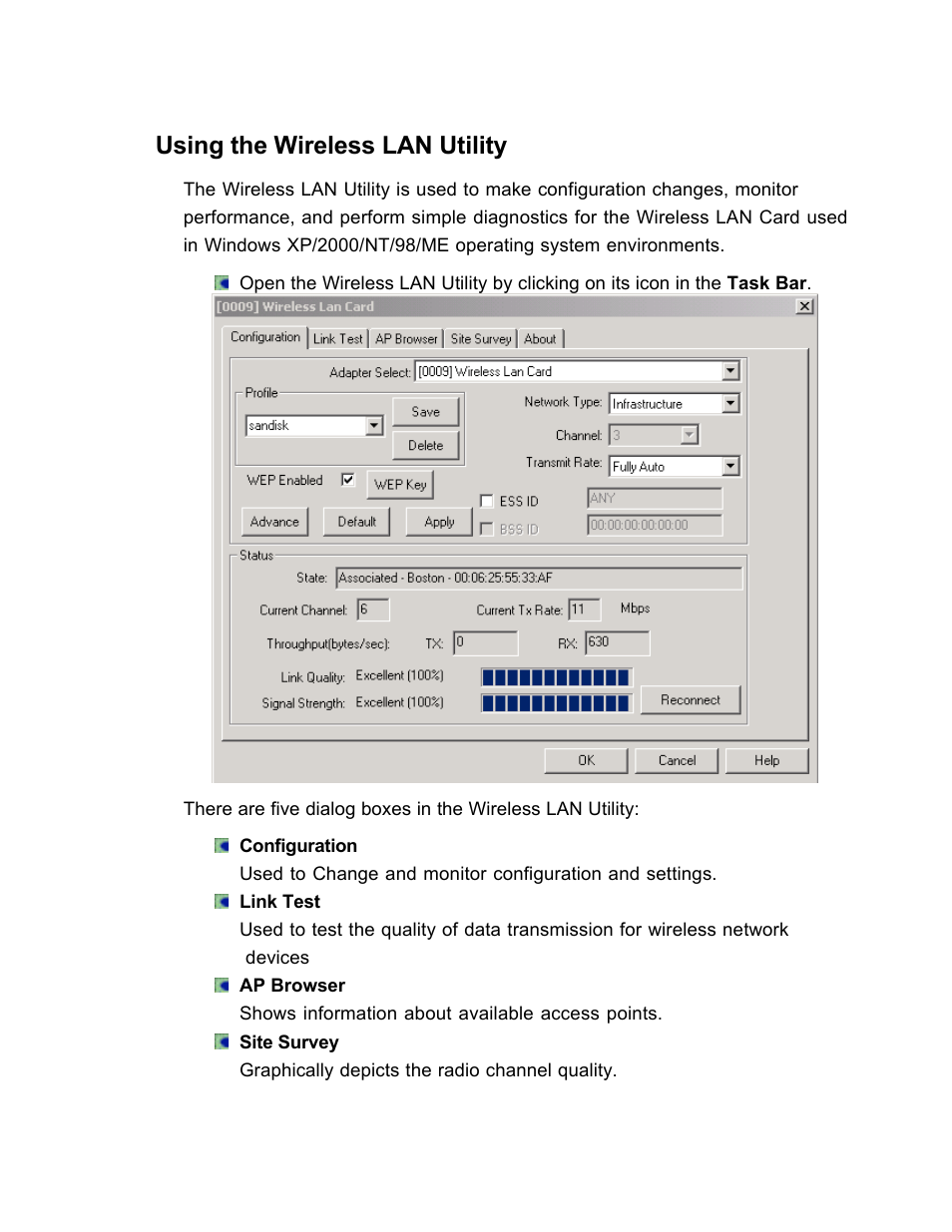 Using the wireless lan utility | SanDisk Wireless LAN Card User Manual | Page 40 / 504