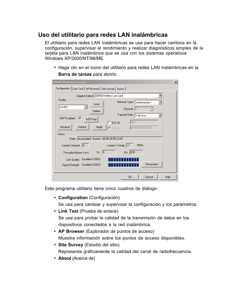 Uso del utilitario para redes lan inalámbricas | SanDisk Wireless LAN Card User Manual | Page 422 / 504
