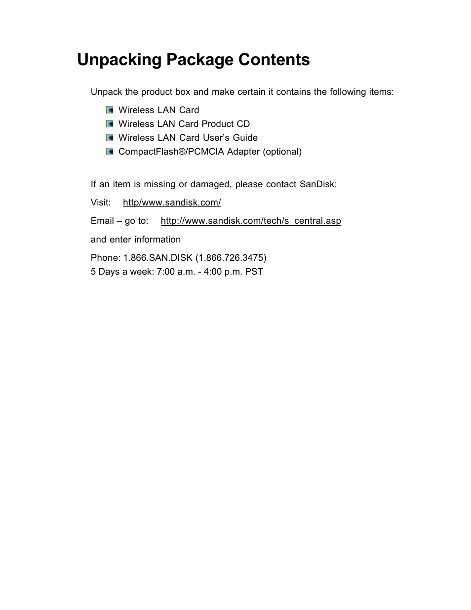 Unpacking package contents | SanDisk Wireless LAN Card User Manual | Page 6 / 504