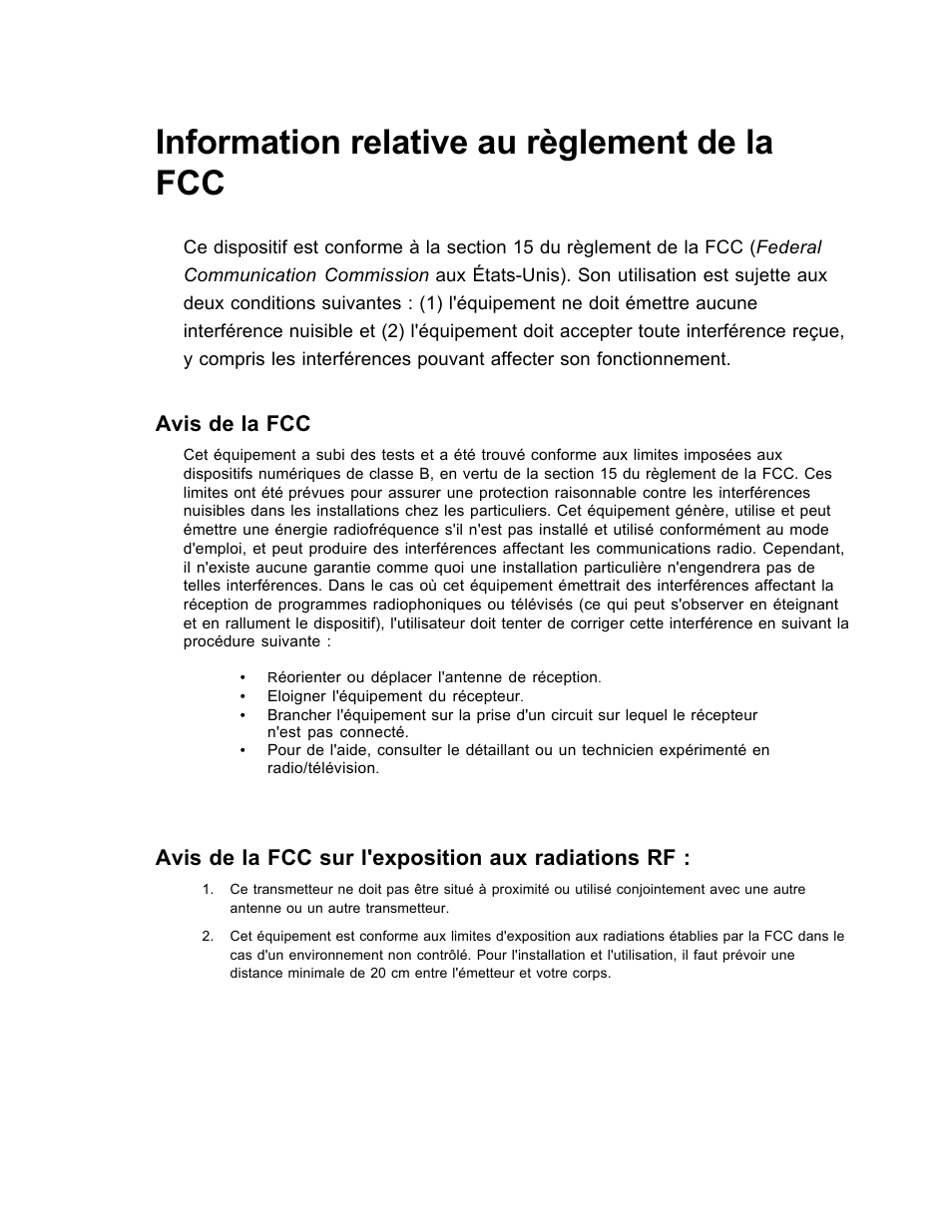 Information relative au règlement de la fcc, Avis de la fcc, Avis de la fcc sur l'exposition aux radiations rf | SanDisk Wireless LAN Card User Manual | Page 61 / 504
