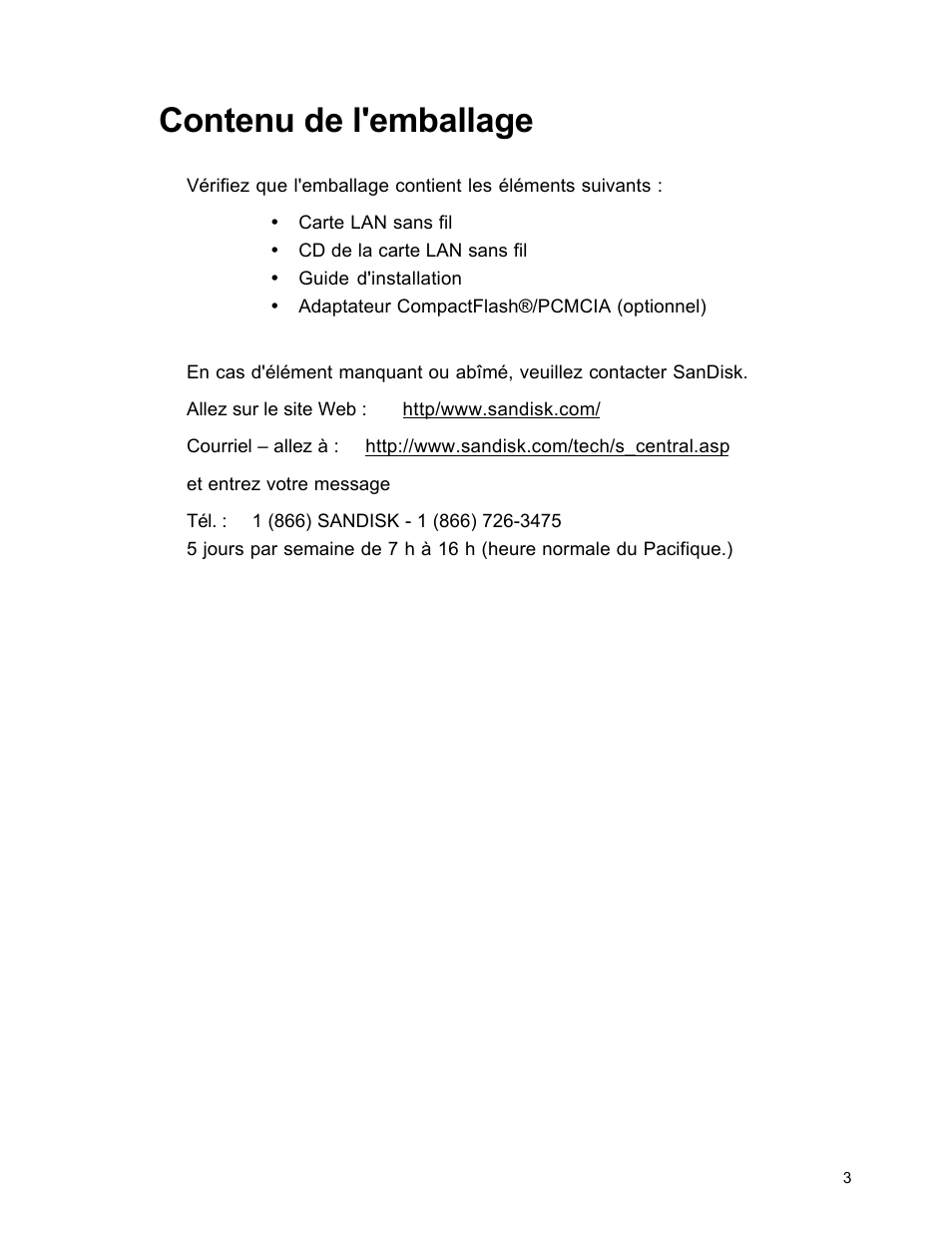 Contenu de l'emballage | SanDisk Wireless LAN Card User Manual | Page 66 / 504