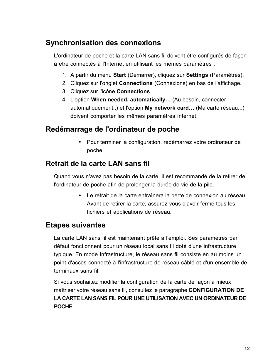 Synchronisation des connexions, Redémarrage de l'ordinateur de poche, Retrait de la carte lan sans fil | Etapes suivantes | SanDisk Wireless LAN Card User Manual | Page 75 / 504