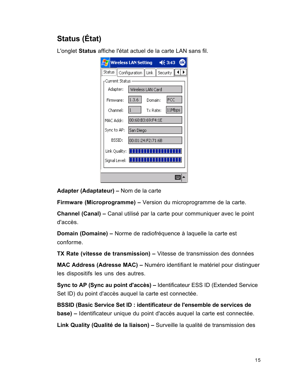 Status (état) | SanDisk Wireless LAN Card User Manual | Page 78 / 504