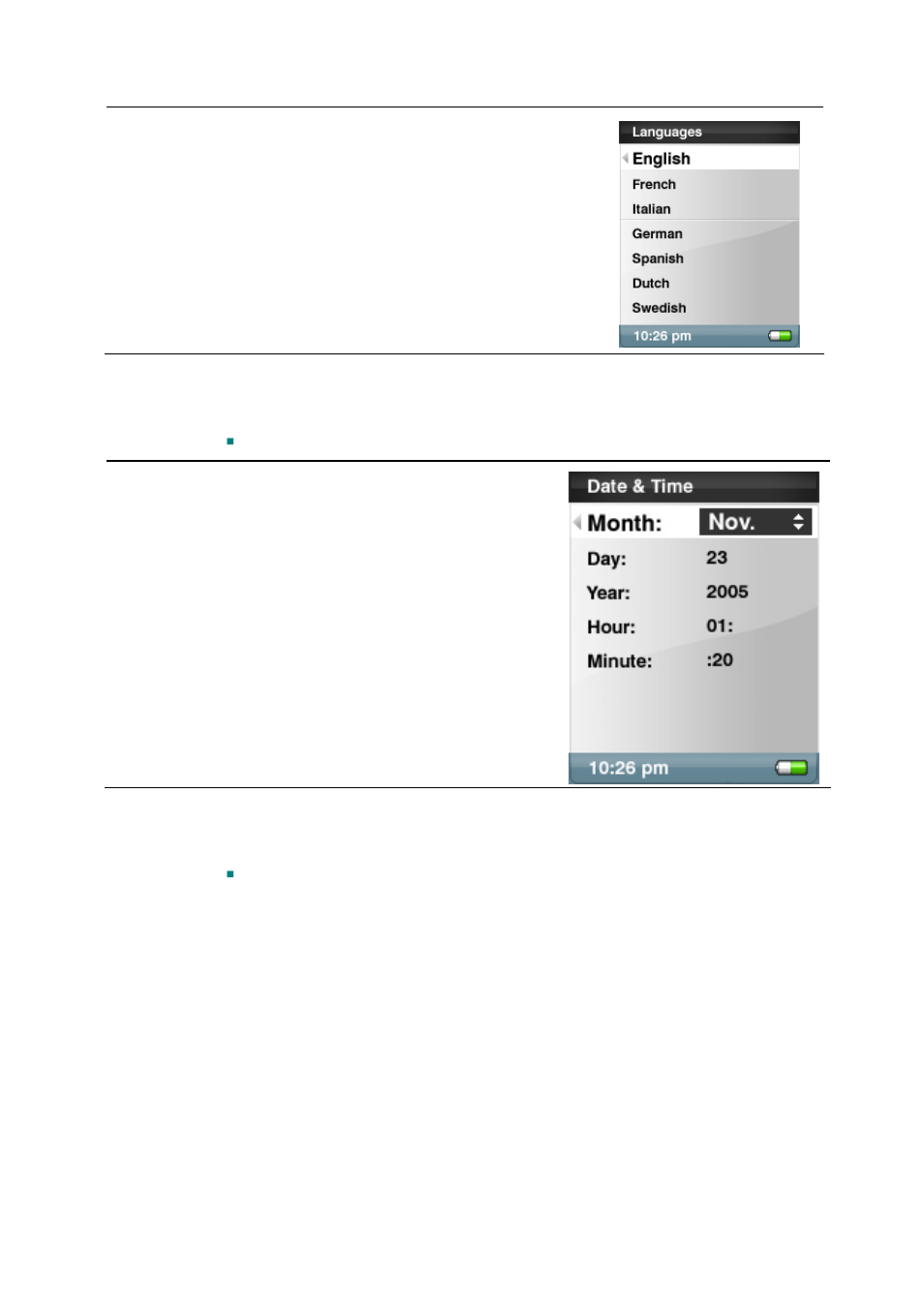 Set date and time, Set brightness | SanDisk Sansa e200 User Manual | Page 28 / 42