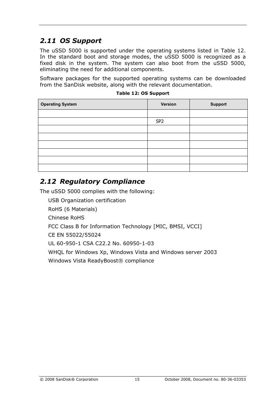 Os support, Regulatory compliance, Table 12: os support | 11 os support, 12 regulatory compliance | SanDisk 80-36-03353 User Manual | Page 16 / 18