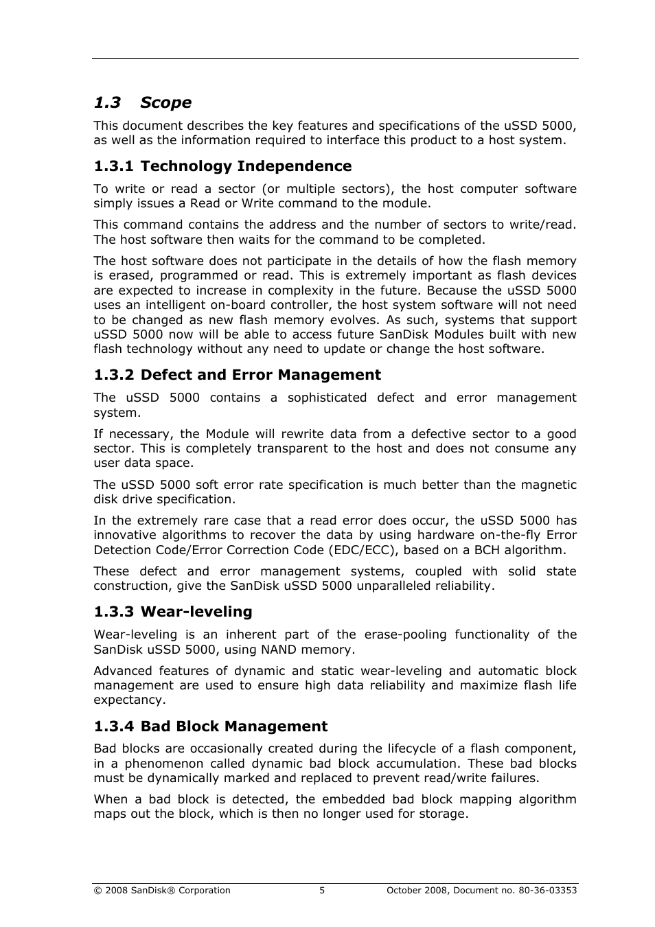 Scope, 3 scope, 1 technology independence | 2 defect and error management, 3 wear-leveling, 4 bad block management | SanDisk 80-36-03353 User Manual | Page 6 / 18
