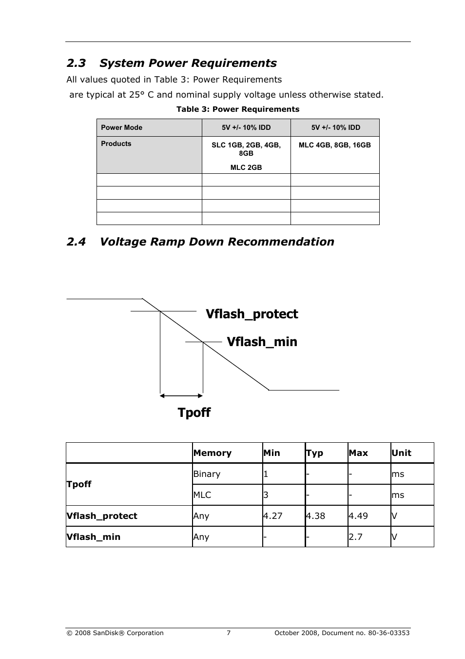System power requirements, Voltage ramp down recommendation, Table 3: power requirements | Vflash_min vflash_protect tpoff, 3 system power requirements, 4 voltage ramp down recommendation | SanDisk 80-36-03353 User Manual | Page 8 / 18