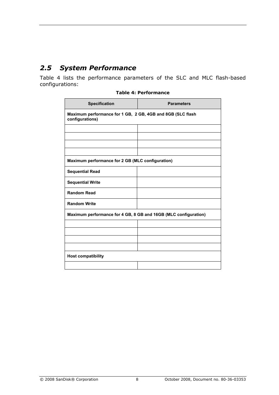 System performance, Table 4: performance, 5 system performance | SanDisk 80-36-03353 User Manual | Page 9 / 18