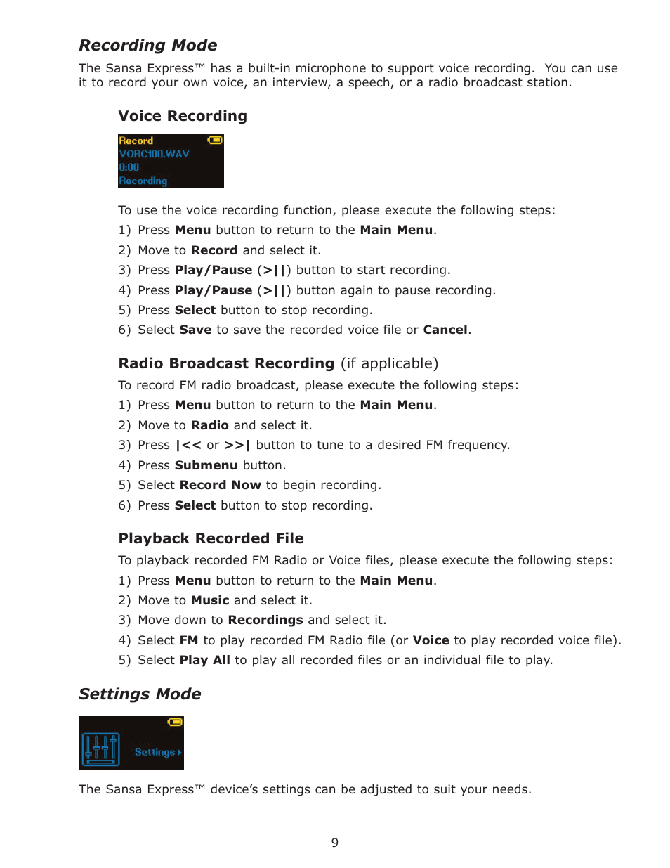 Recording mode, Voice recording, Radio broadcast recording (i | Playback recorded file, Settings mode | SanDisk Sansa Express c200 User Manual | Page 12 / 20