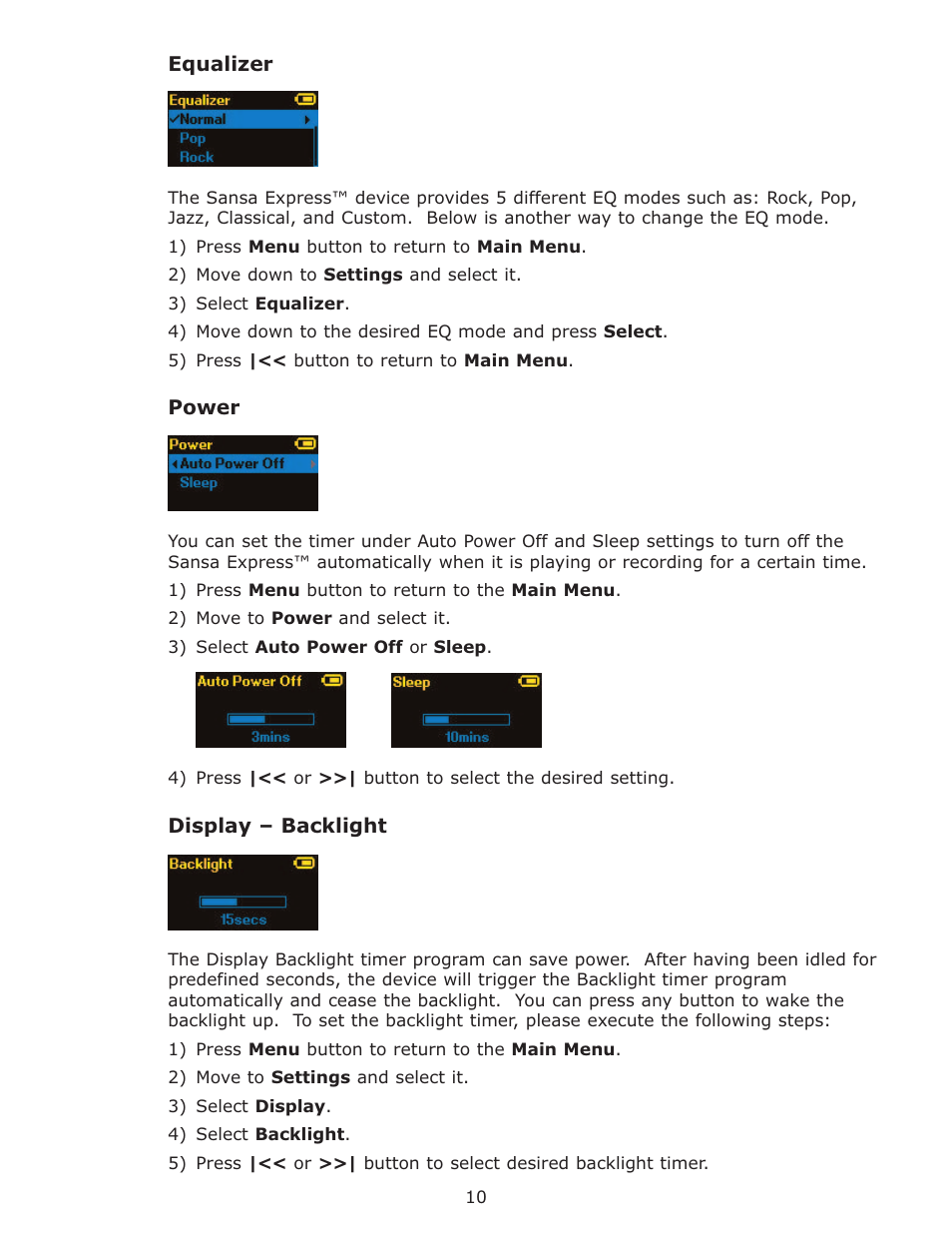 Equalizer, Power, Display – backlight | Equalizer power display – backlight | SanDisk Sansa Express c200 User Manual | Page 13 / 20