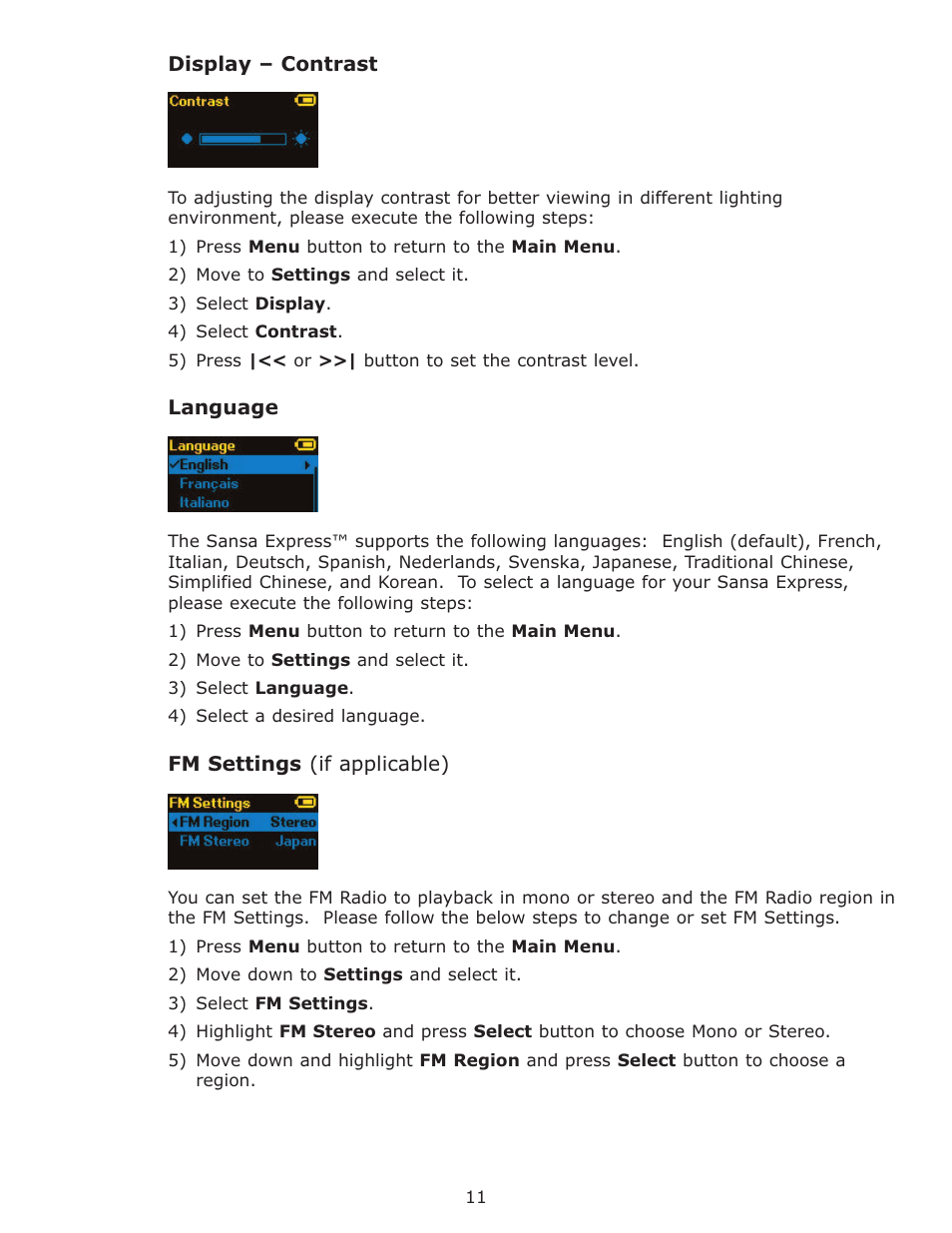 Display – contrast, Language, Fm settings (if applicable) | SanDisk Sansa Express c200 User Manual | Page 14 / 20