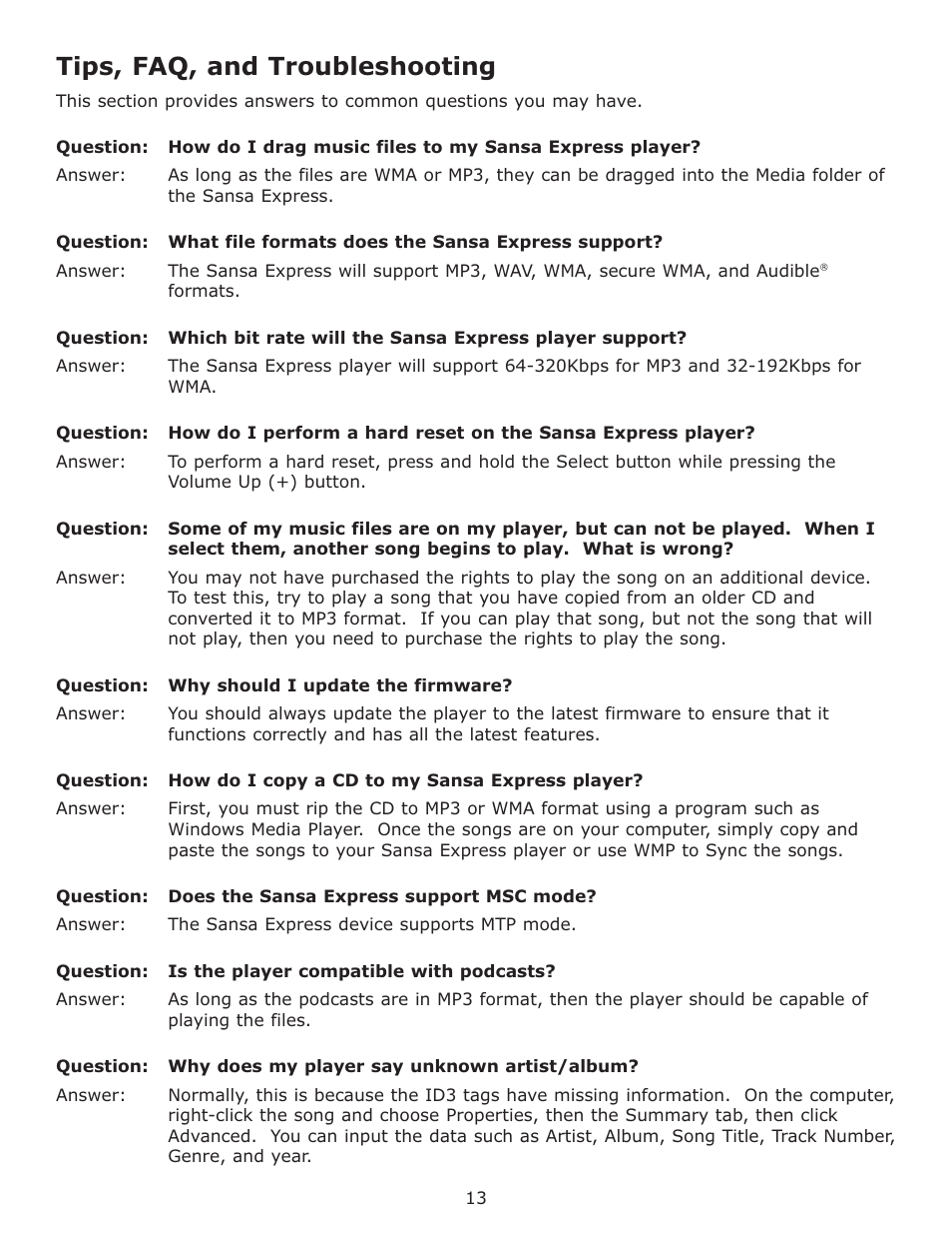 Tips, faq, and troubleshooting | SanDisk Sansa Express c200 User Manual | Page 16 / 20