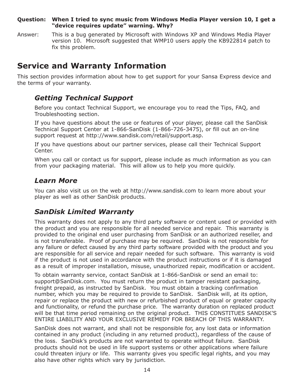 Service and warranty informa, Getting technical support, Learn more | Sandisk limited warranty, Service and warranty information | SanDisk Sansa Express c200 User Manual | Page 17 / 20