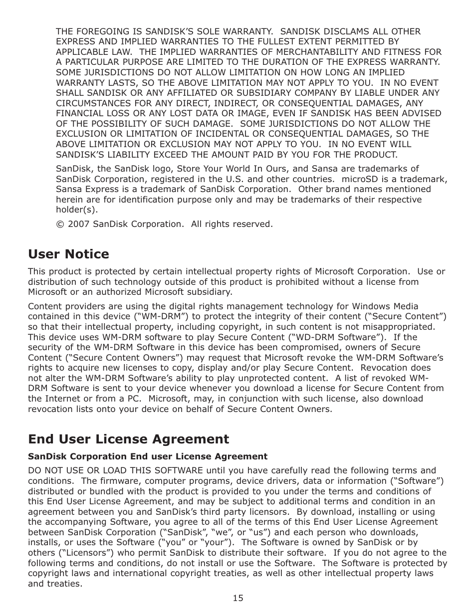 User notice, End user license agreement | SanDisk Sansa Express c200 User Manual | Page 18 / 20