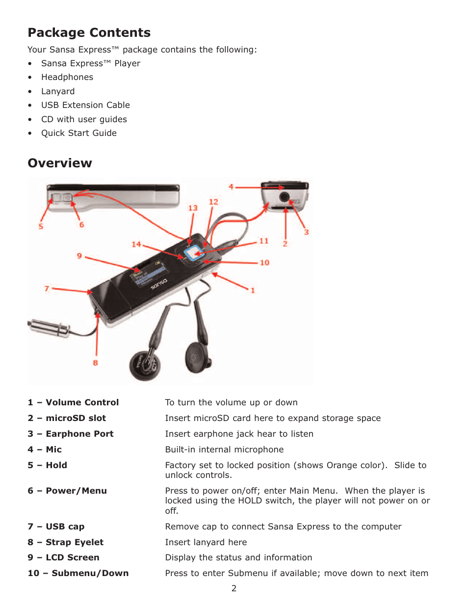 Package contents, Overview | SanDisk Sansa Express c200 User Manual | Page 5 / 20