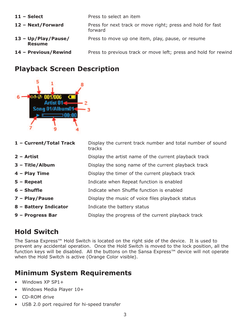 Playback screen description, Hold switch, Minimum system requirements | SanDisk Sansa Express c200 User Manual | Page 6 / 20