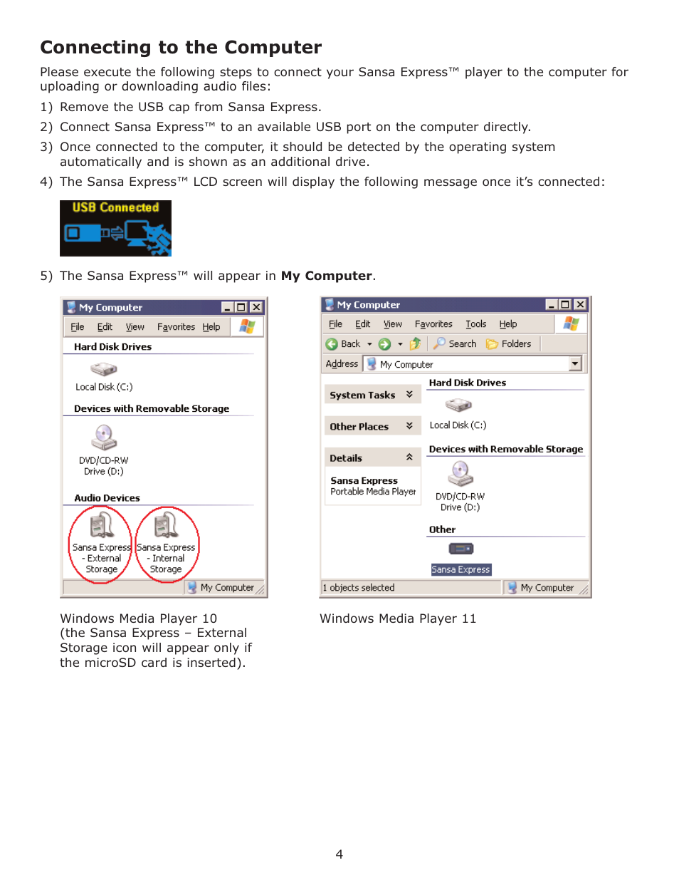 Connecting to the computer | SanDisk Sansa Express c200 User Manual | Page 7 / 20