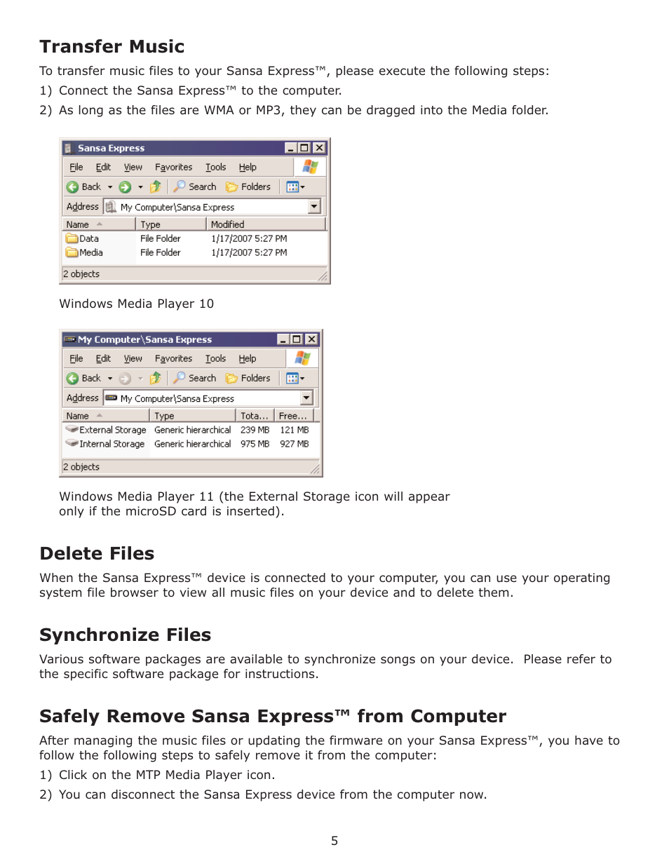 Transfer music, Delete files, Synchronize files | Safely remove sansa express, Safely remove sansa express™ from computer | SanDisk Sansa Express c200 User Manual | Page 8 / 20