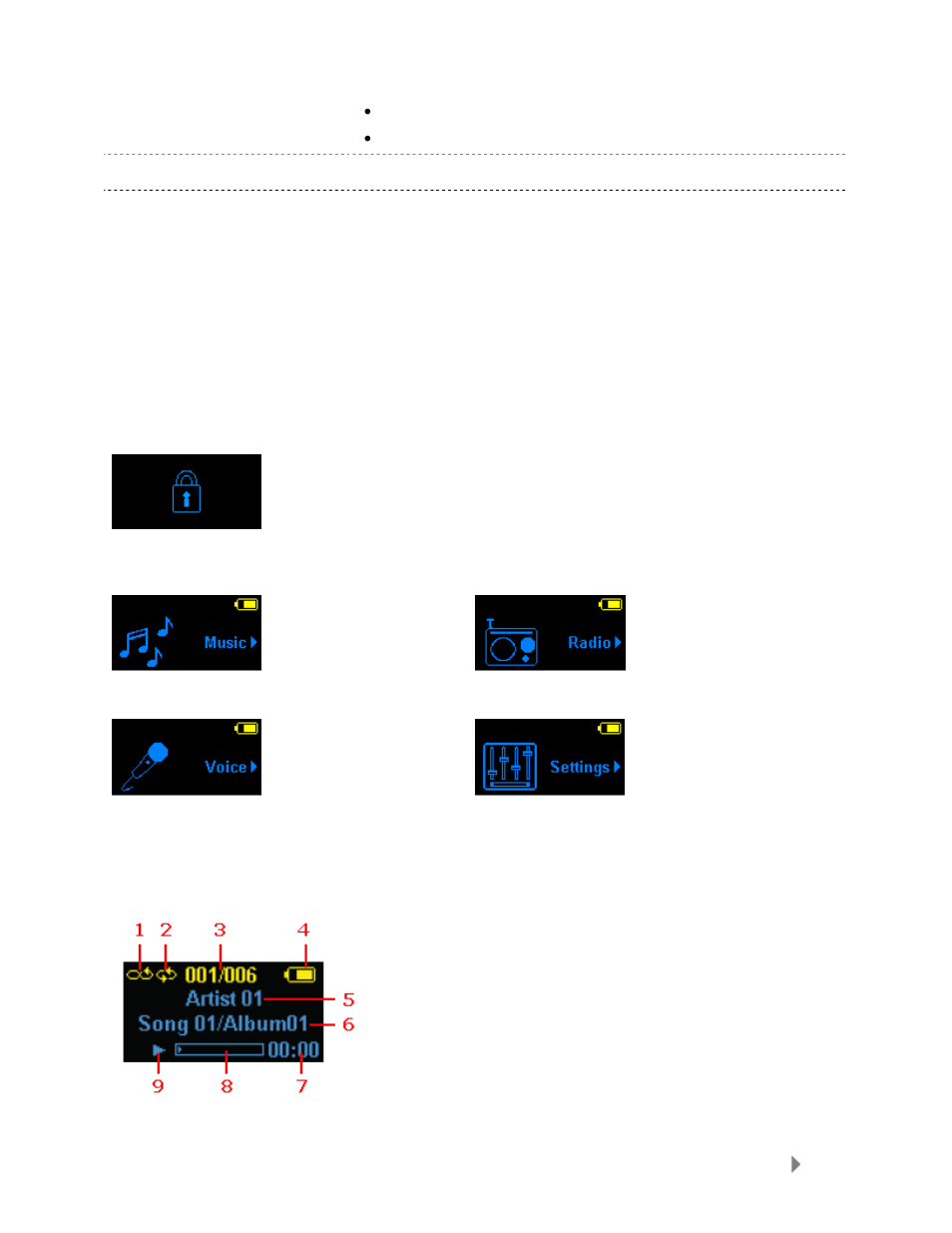 Hold switch, Main menu options, Playback screen | SanDisk Sansa Clip User Manual | Page 7 / 26