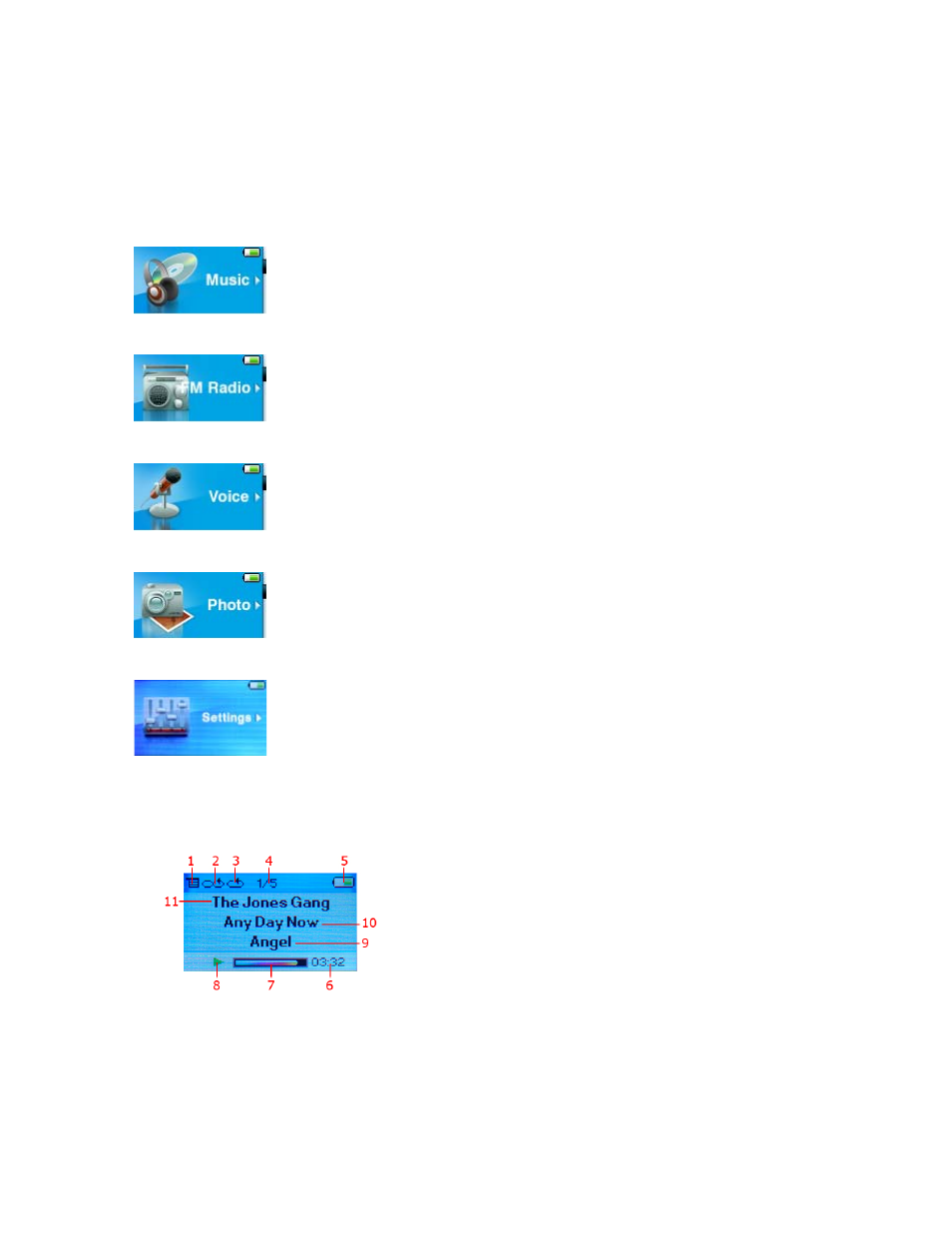 Main menu screen, Playback screen | SanDisk c200 User Manual | Page 9 / 30