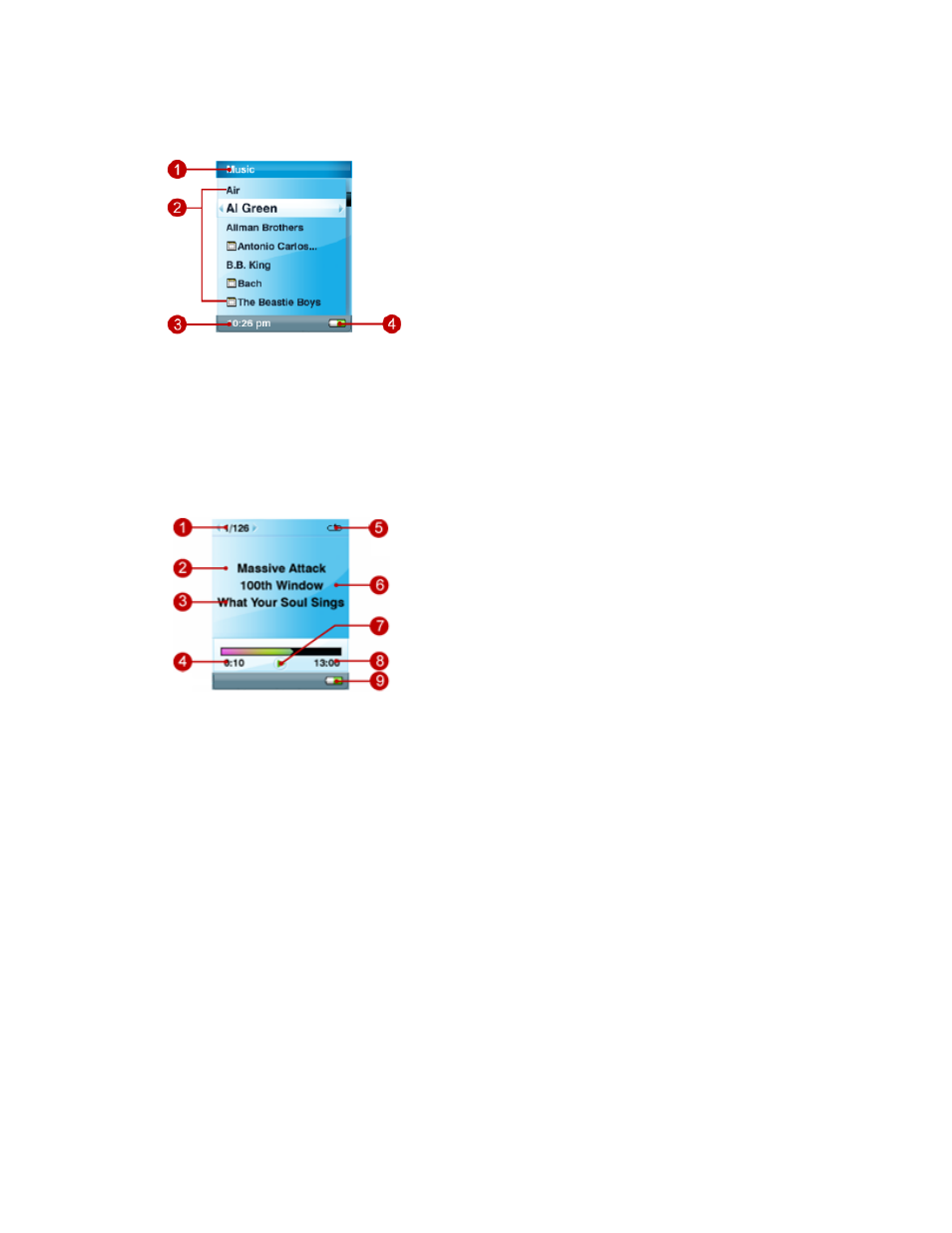 Music screen, Playback screen, Li-ion battery | SanDisk e200 User Manual | Page 7 / 41
