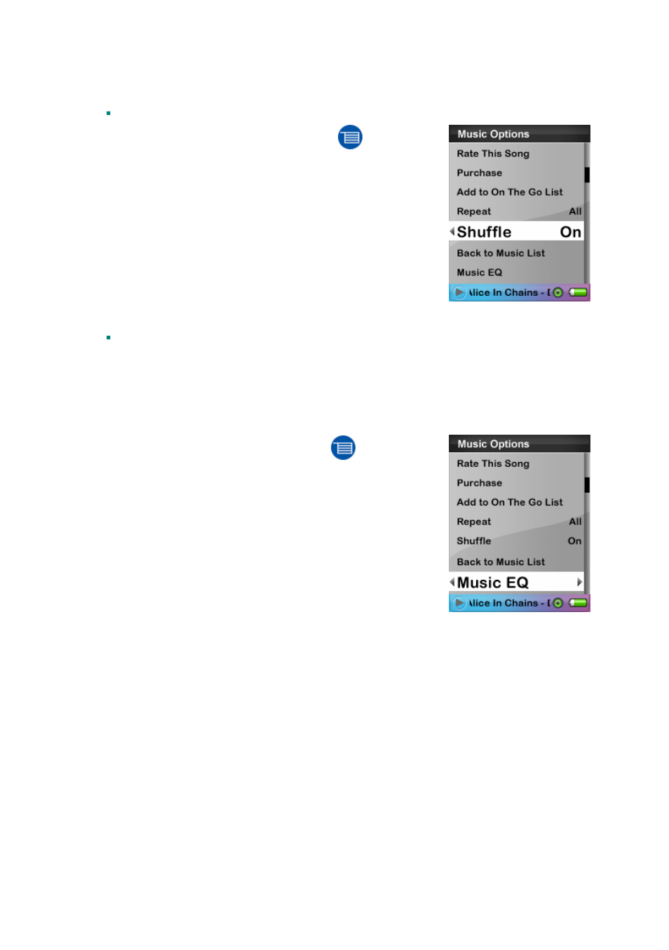 Setting shuffle mode, Setting music eq | SanDisk SANSA E200R User Manual | Page 28 / 64
