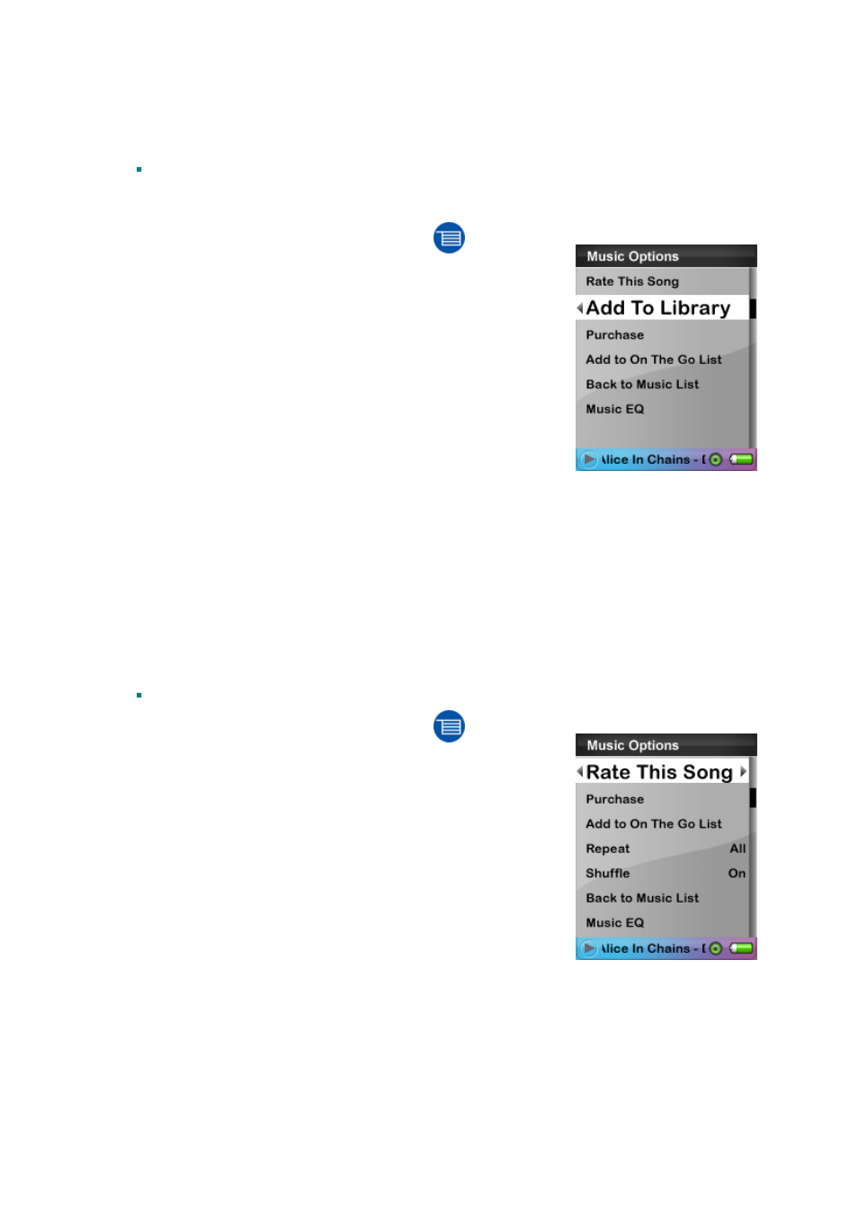 Add track to library, Ban track | SanDisk SANSA E200R User Manual | Page 32 / 64