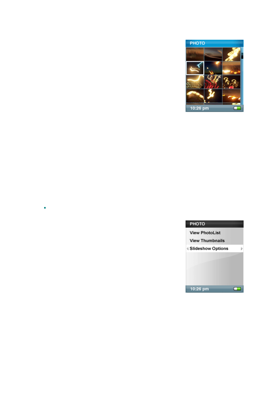 Slideshow, Slideshow options | SanDisk SANSA E200R User Manual | Page 35 / 64