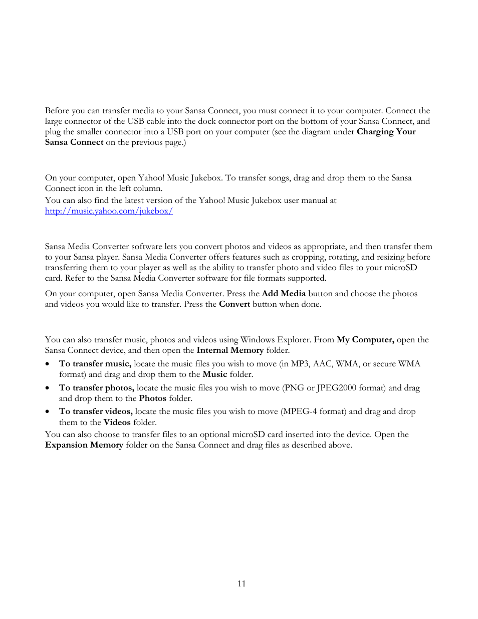 Transferring music, photos, and videos | SanDisk Sansa Connect User Manual | Page 11 / 35