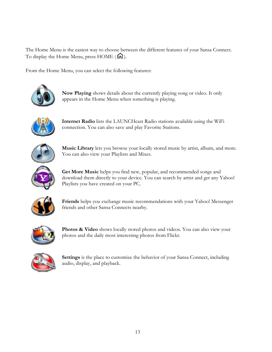 The home menu | SanDisk Sansa Connect User Manual | Page 13 / 35