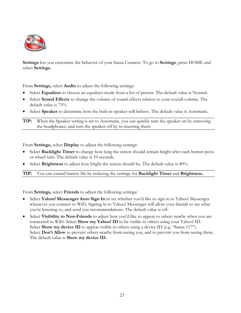 Settings | SanDisk Sansa Connect User Manual | Page 23 / 35