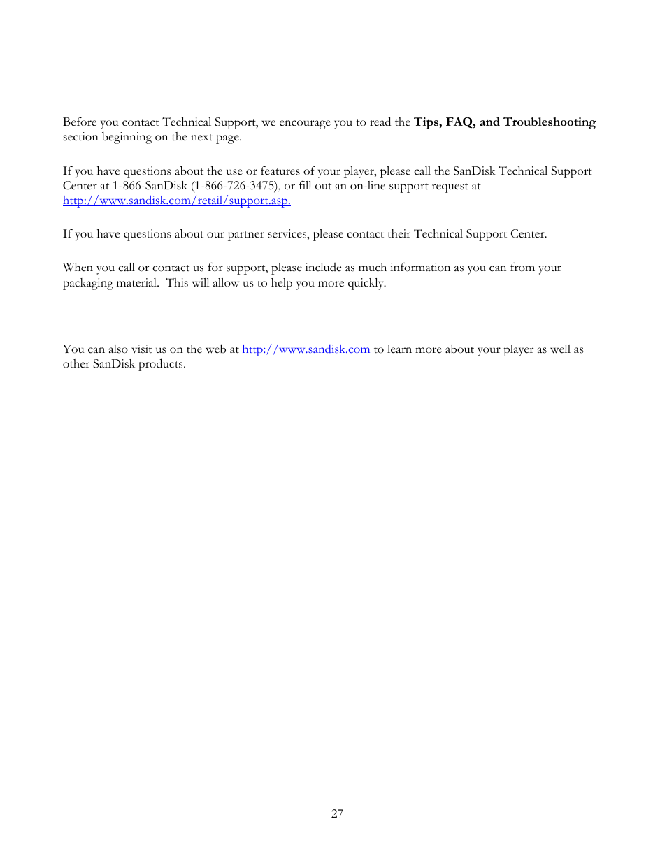 Getting technical support | SanDisk Sansa Connect User Manual | Page 27 / 35