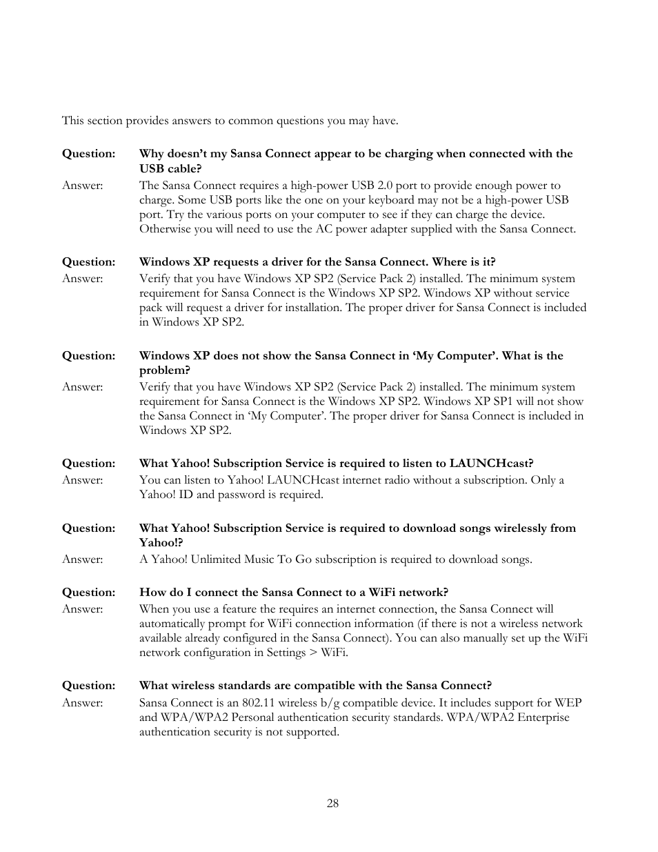 Tips, faq, and troubleshooting | SanDisk Sansa Connect User Manual | Page 28 / 35