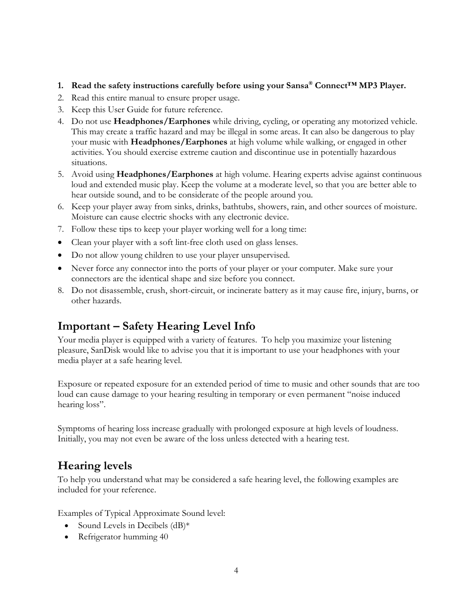 Safety instructions and important hearing levels, Important – safety hearing level info, Hearing levels | SanDisk Sansa Connect User Manual | Page 4 / 35