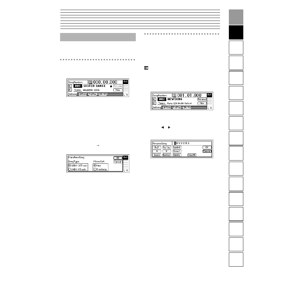Basic operation, Creating/selecting a song, Creating a new song | Naming a song | Strahl D1600mkII User Manual | Page 43 / 180