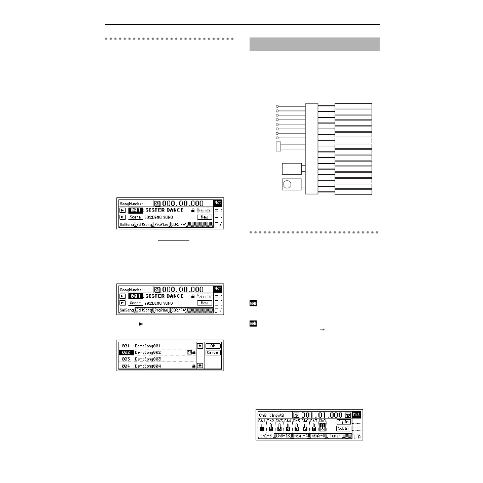 Selecting another song, Assign audio inputs to the mixer, Analog inputs | Assign audio inputs to the mixer” (→p.36), Assign audio inputs, To the mixer | Strahl D1600mkII User Manual | Page 44 / 180