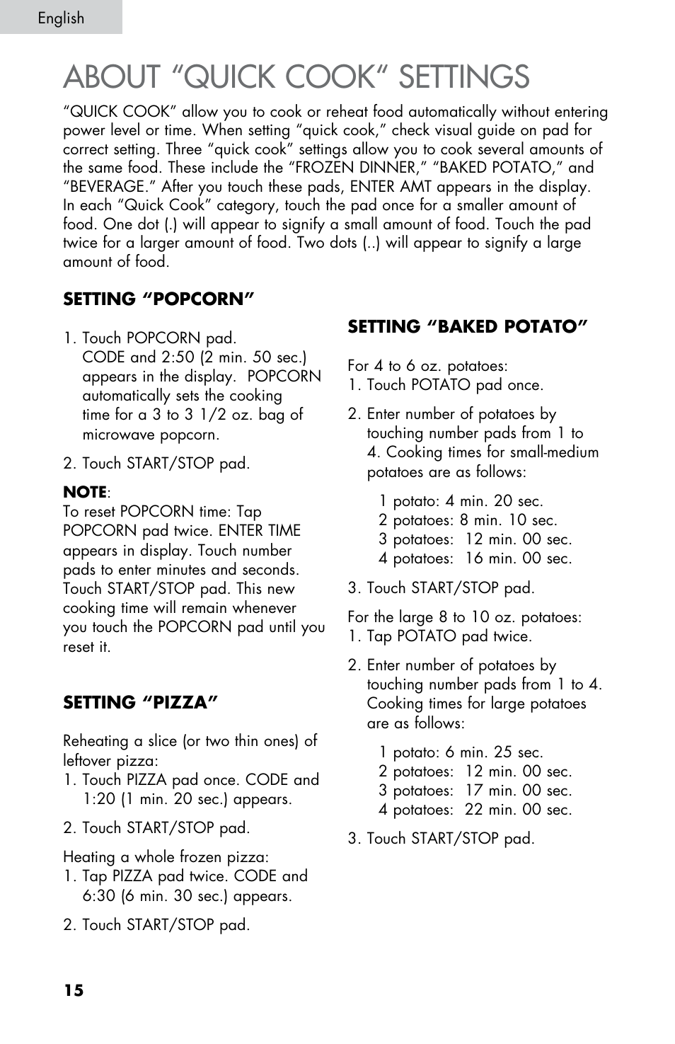 About “quick cook“ settings | Summit SM900WH User Manual | Page 16 / 22