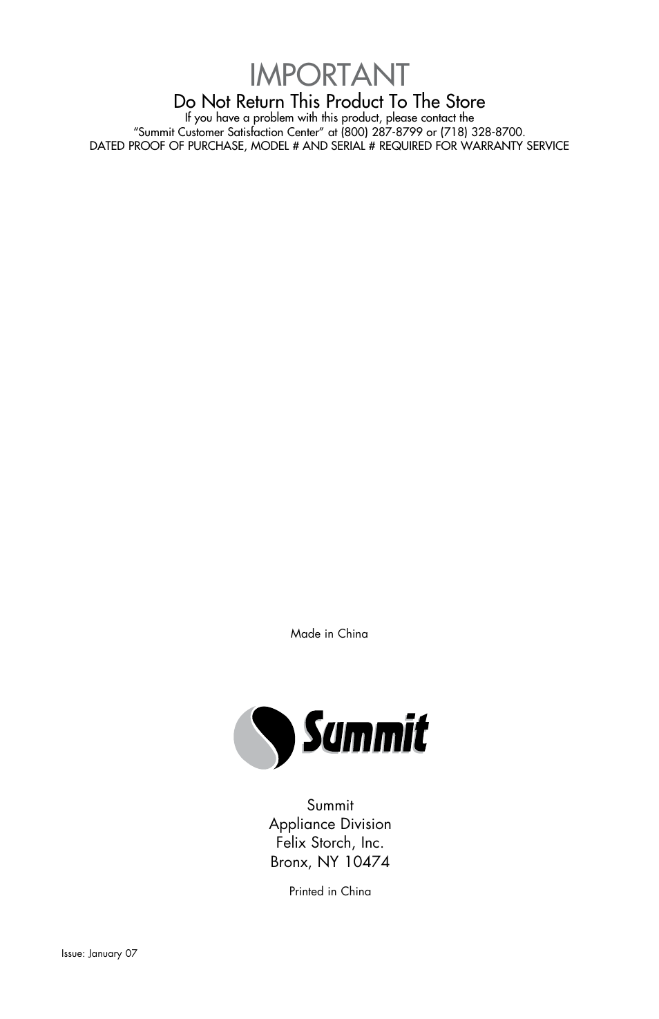 Important, Do not return this product to the store | Summit SM900WH User Manual | Page 22 / 22