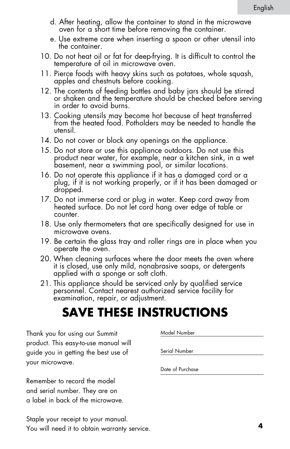 Save these instructions | Summit SM900WH User Manual | Page 5 / 22