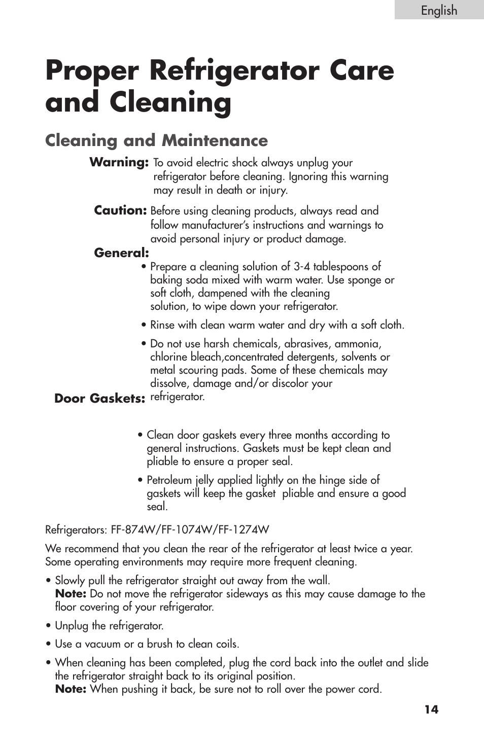 Proper refrigerator care and cleaning, Cleaning and maintenance | Summit FF-1074W User Manual | Page 15 / 56