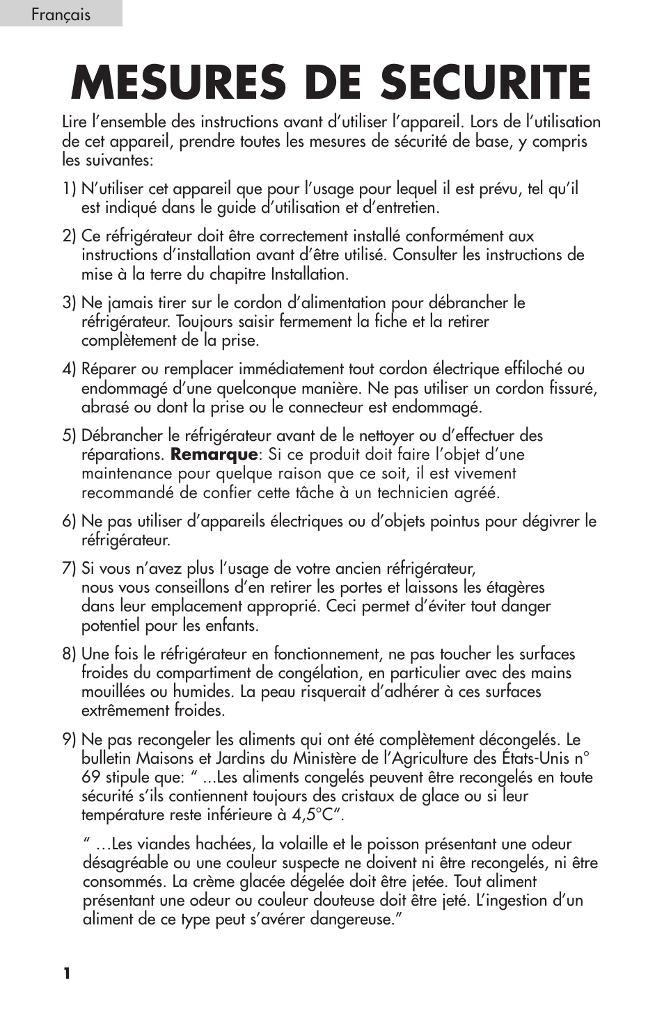 Mesures de securite | Summit FF-1074W User Manual | Page 20 / 56