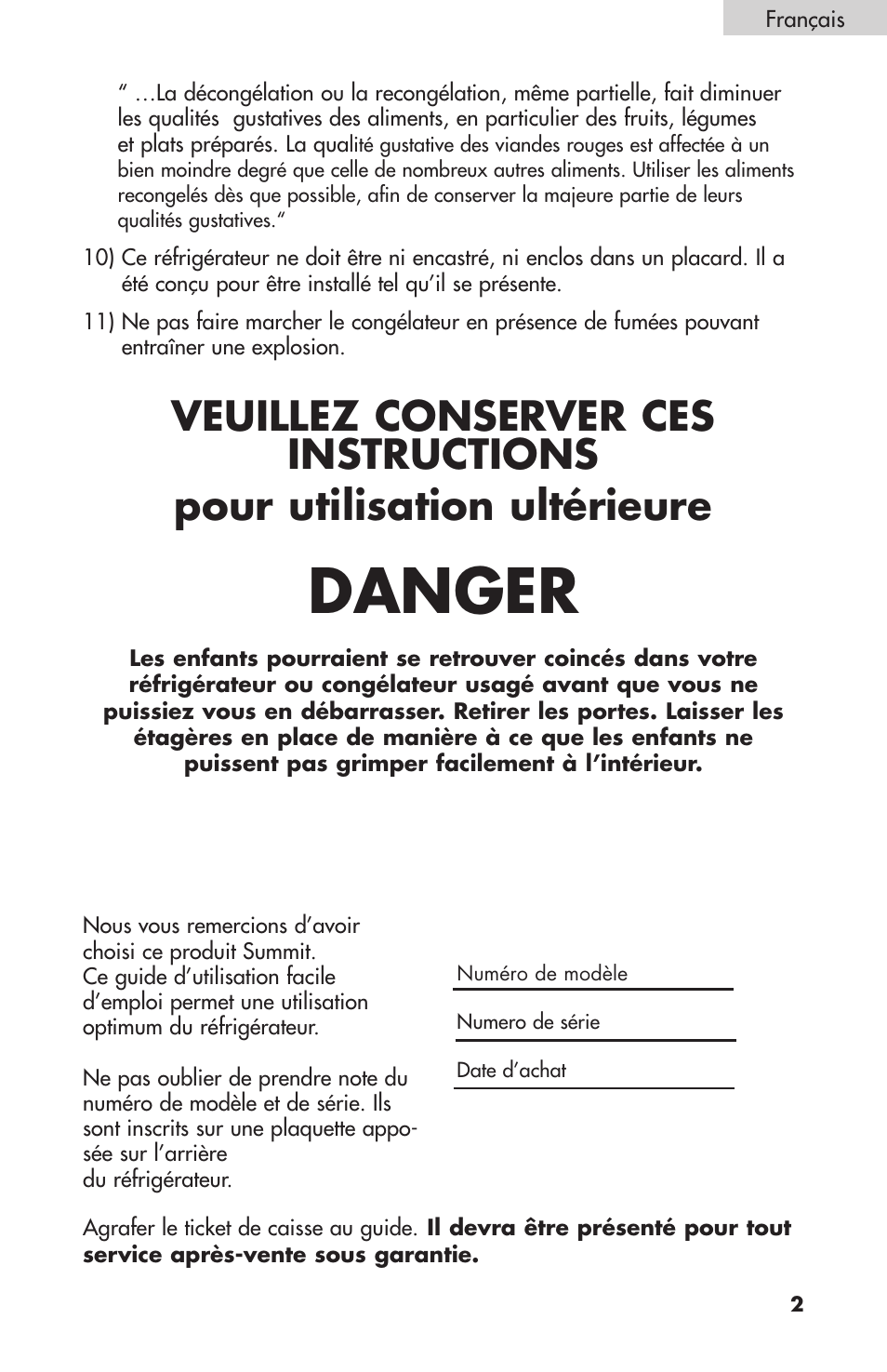 Danger | Summit FF-1074W User Manual | Page 21 / 56