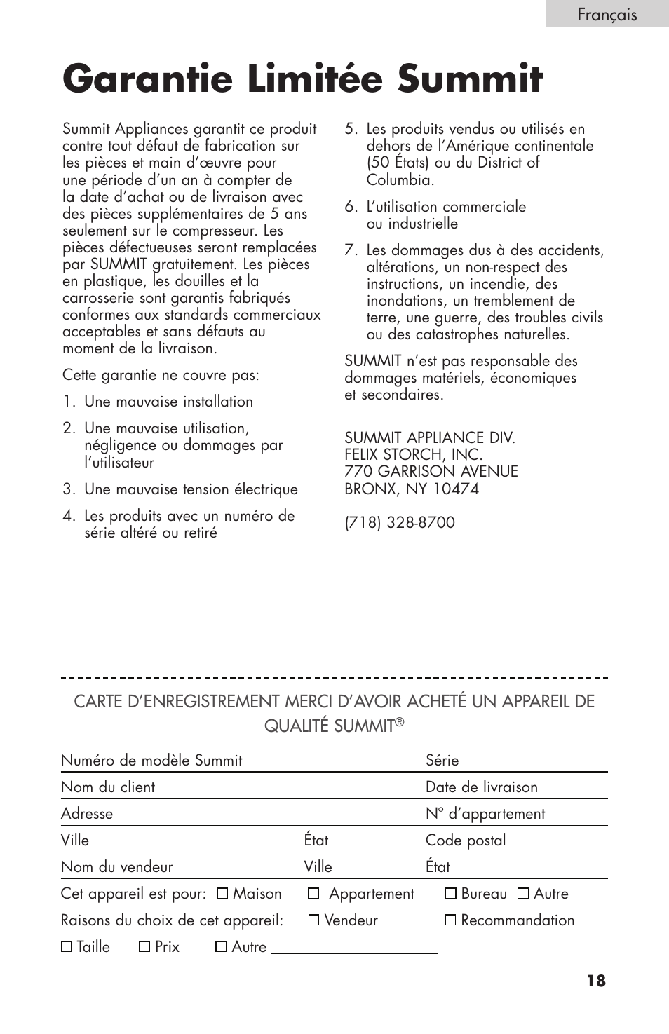 Garantie limitée summit | Summit FF-1074W User Manual | Page 37 / 56