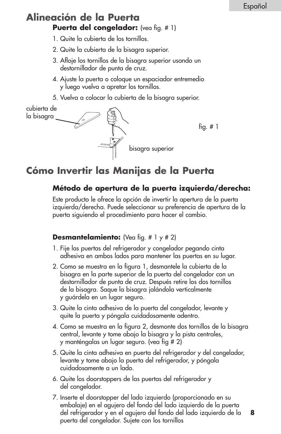 Alineación de la puerta, Cómo invertir las manijas de la puerta | Summit FF-1074W User Manual | Page 45 / 56