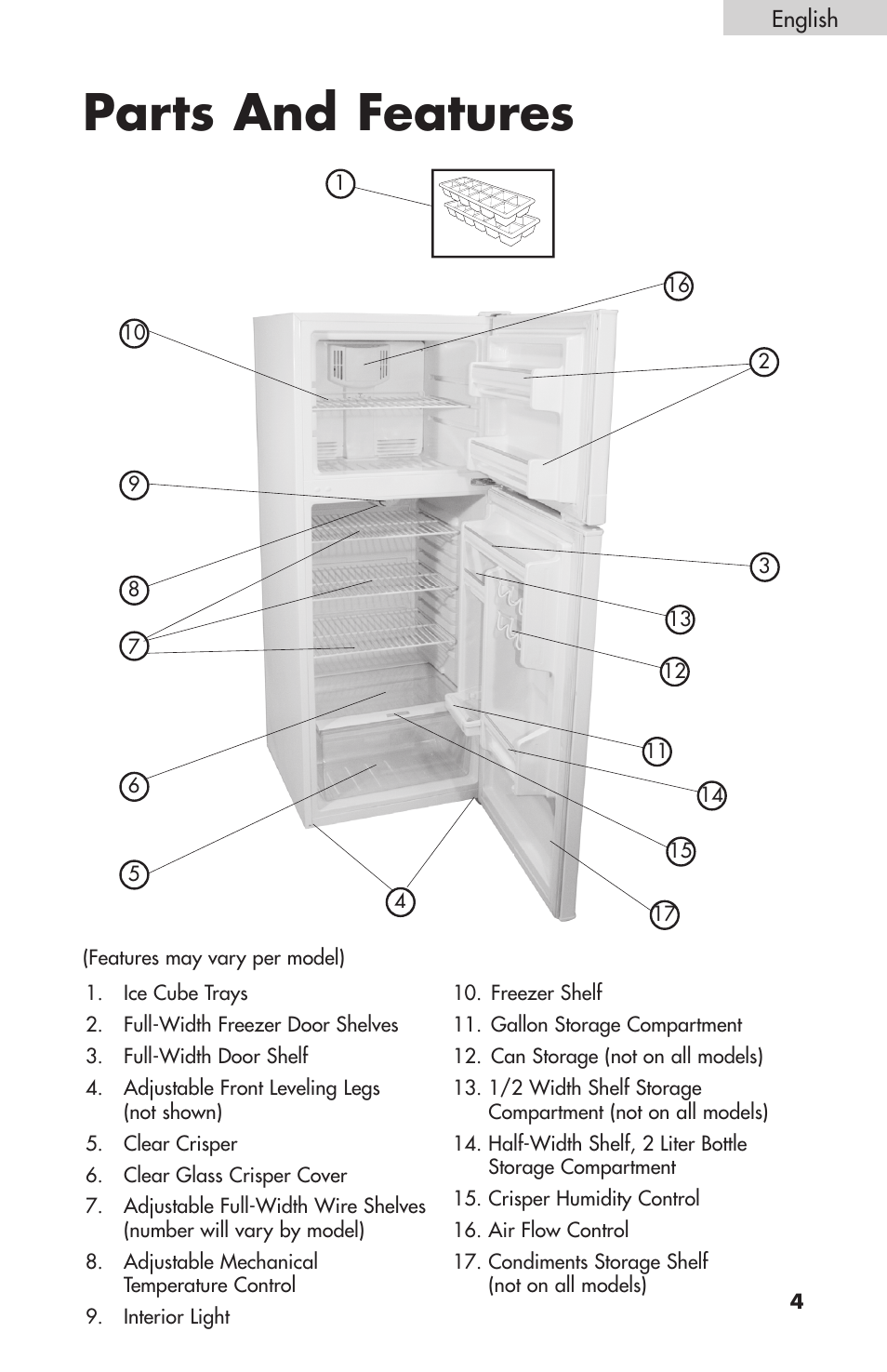 Parts and features | Summit FF-1074W User Manual | Page 5 / 56