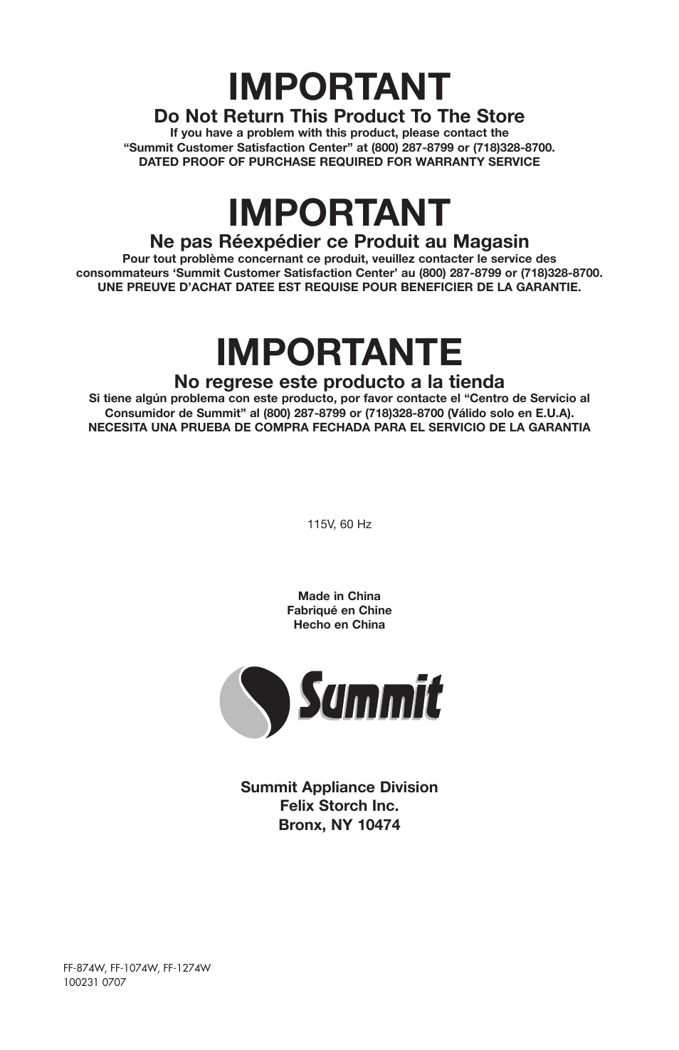 Important, Importante | Summit FF-1074W User Manual | Page 56 / 56