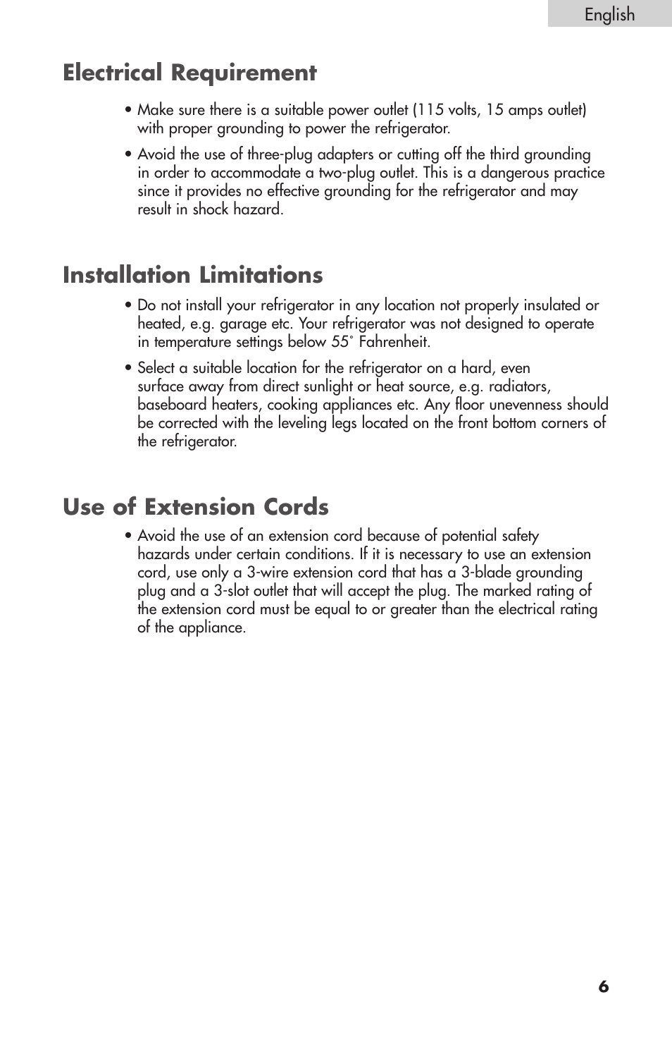 Electrical requirement, Installation limitations, Use of extension cords | Summit FF-1074W User Manual | Page 7 / 56